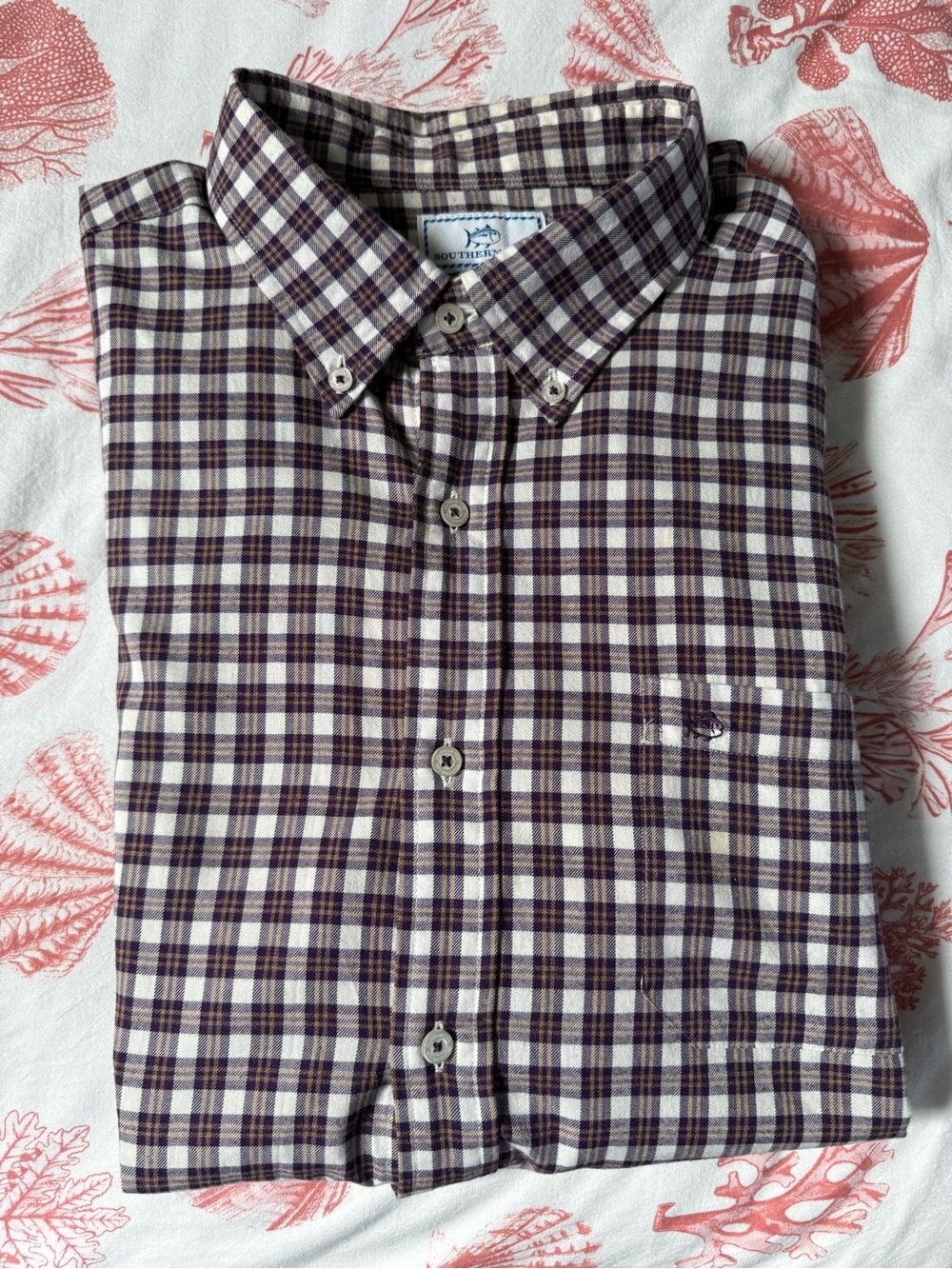 Southern Tide Men’s Plaid Long Sleeve Button Down Shirt Purple White